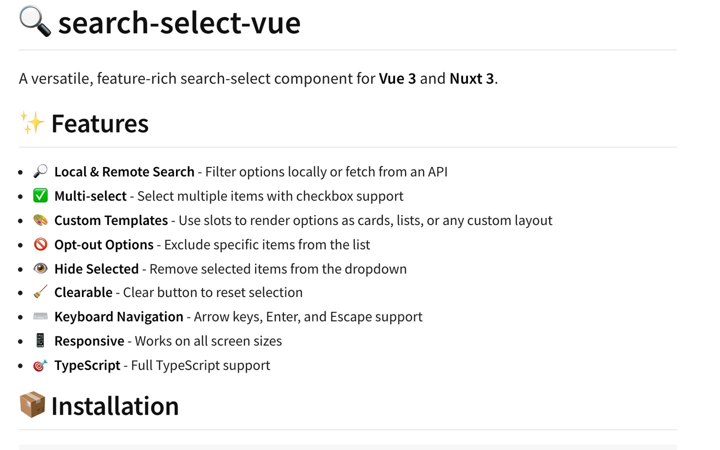 SearchSelect Vue — product interface